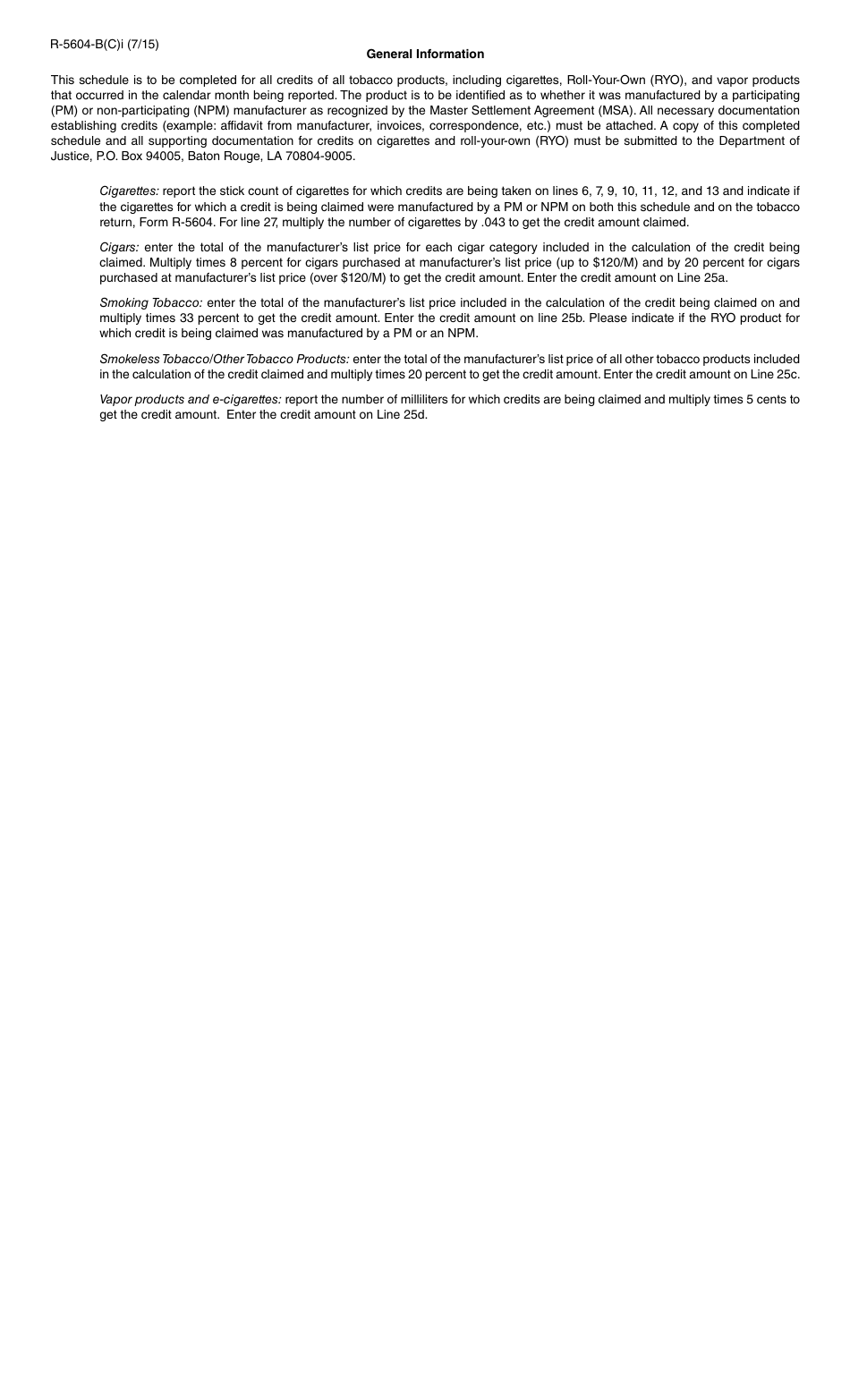 Form R-5604-B(C) Tobacco Tax - Schedule of Credits - Louisiana, Page 2