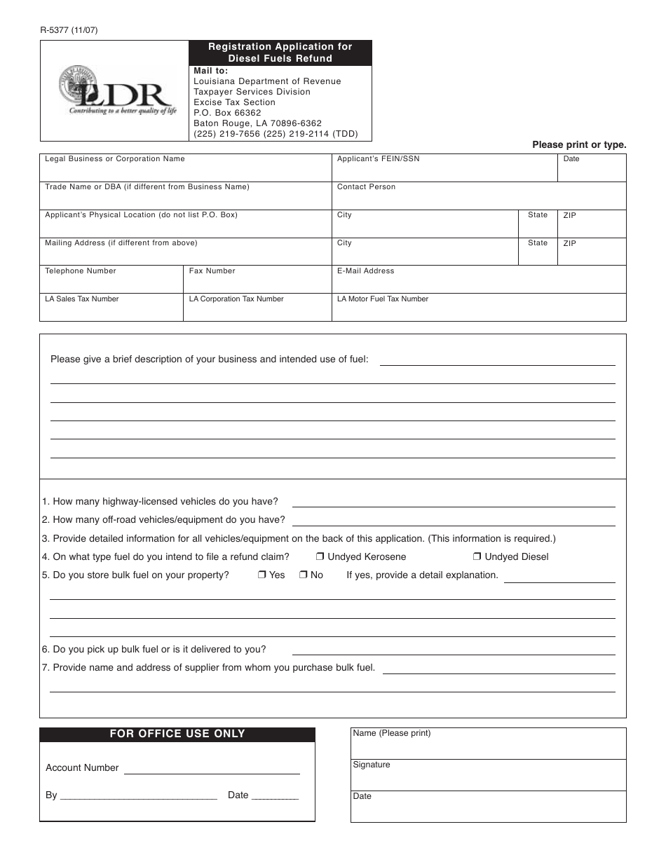 Form R-5337 Registration Application for Diesel Fuels Refund - Louisiana, Page 1