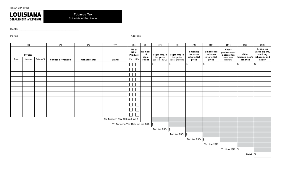 Form R-5604-B(P) Tobacco Tax - Schedule of Purchases - Louisiana, Page 1