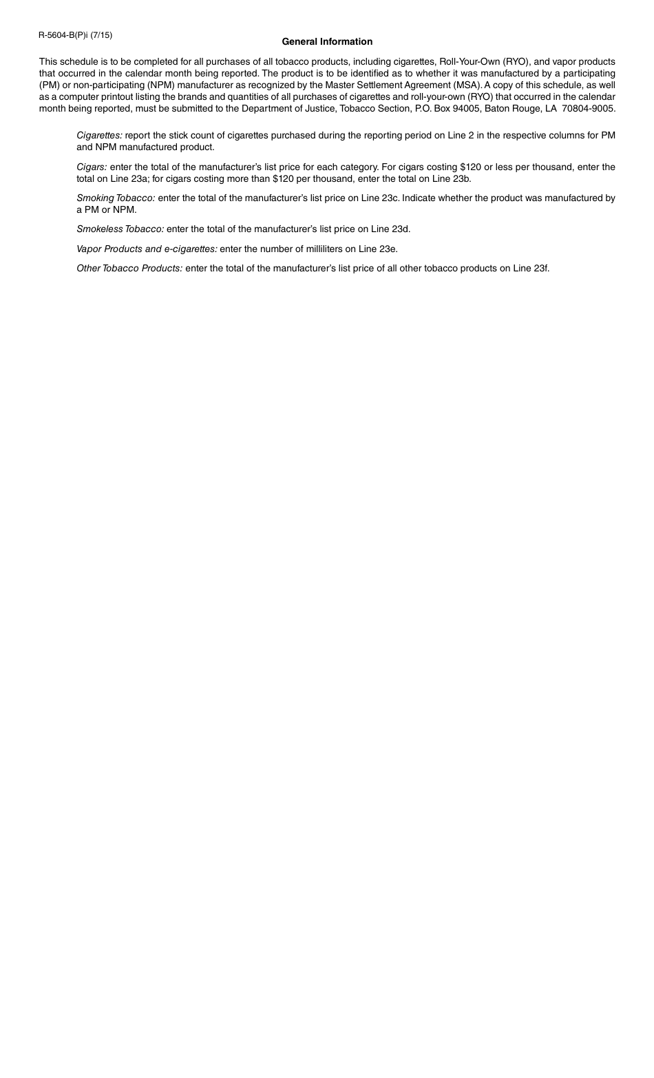 Form R-5604-B(P) Tobacco Tax - Schedule of Purchases - Louisiana, Page 2