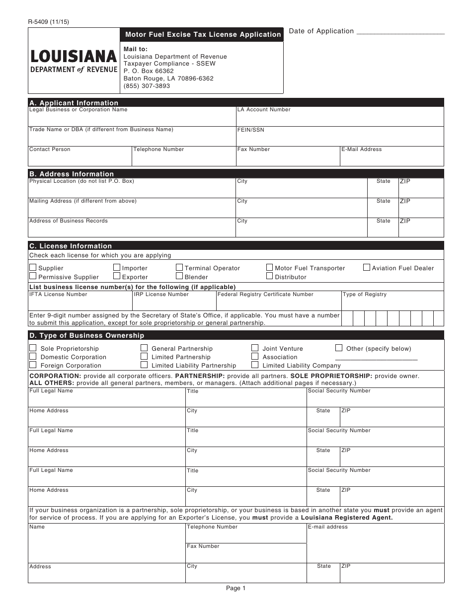 Form R-5409 Motor Fuel Excise Tax License Application - Louisiana, Page 1