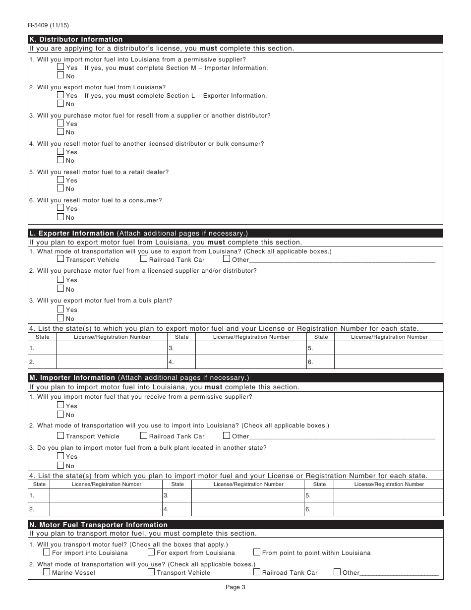 Form R-5409 Motor Fuel Excise Tax License Application - Louisiana, Page 3