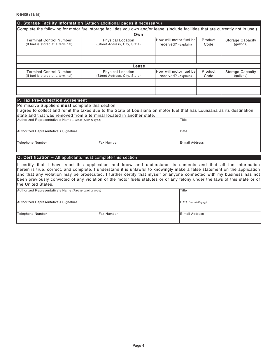 Form R-5409 Motor Fuel Excise Tax License Application - Louisiana, Page 4