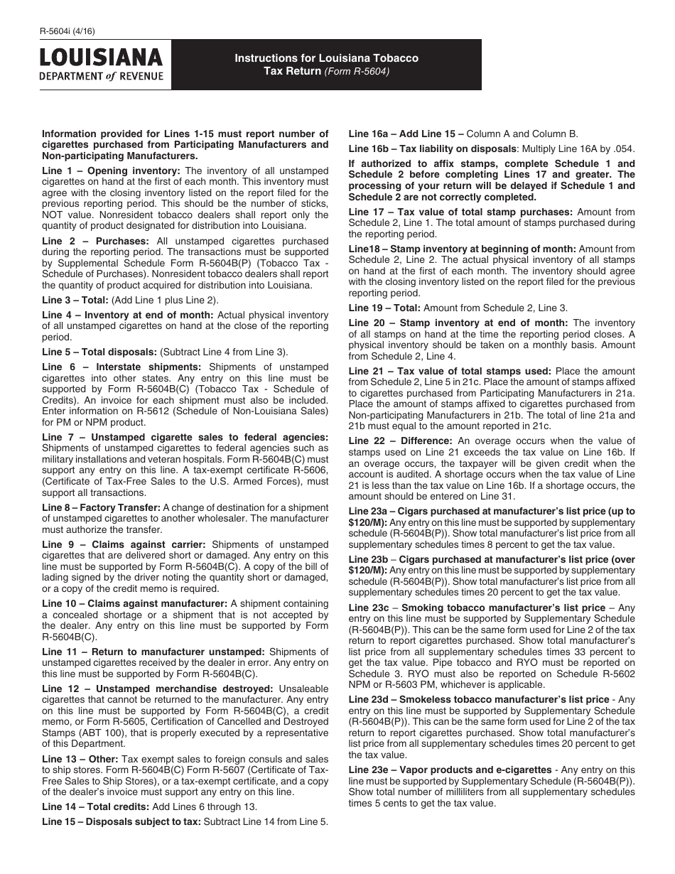 Instructions for Form R-5604 Louisiana Tobacco Tax Return - Louisiana, Page 1
