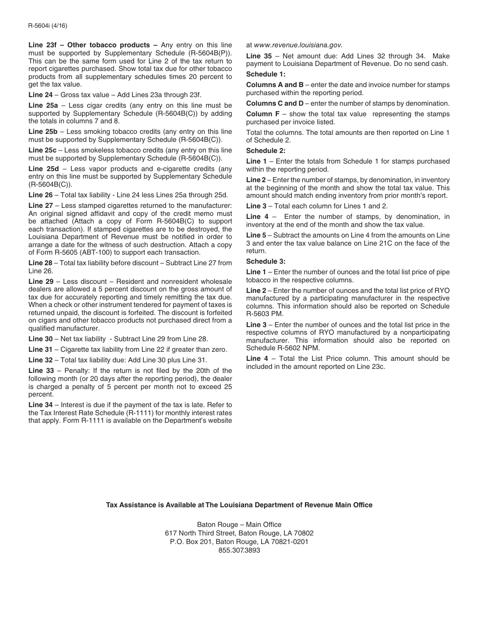 Instructions for Form R-5604 Louisiana Tobacco Tax Return - Louisiana, Page 2