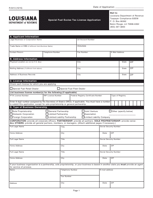 Form R-5413 Special Fuel Excise Tax License Application - Louisiana