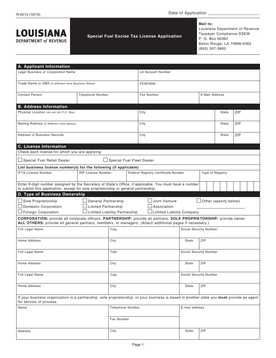 Form R-5413 Special Fuel Excise Tax License Application - Louisiana, Page 1