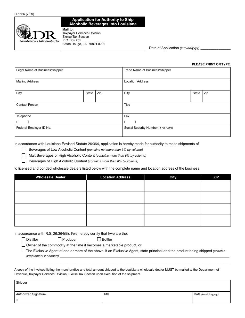 Form R-5626 Application for Authority to Ship Alcoholic Beverages Into Louisiana - Louisiana, Page 1