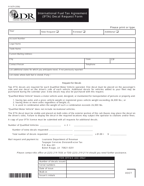 Form R-5679 International Fuel Tax Agreement (Ifta) Decal Request Form - Louisiana