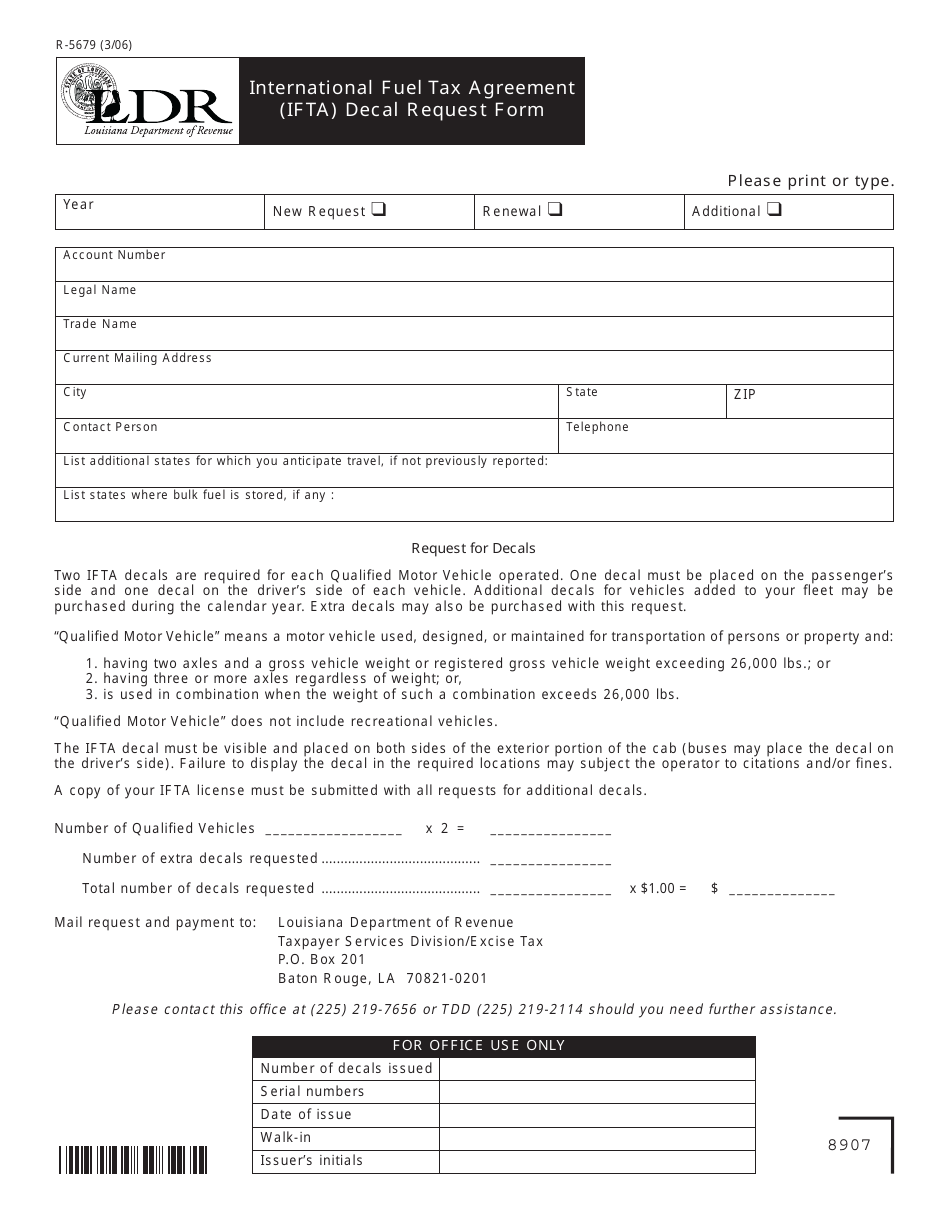 Form R-5679 International Fuel Tax Agreement (Ifta) Decal Request Form - Louisiana, Page 1