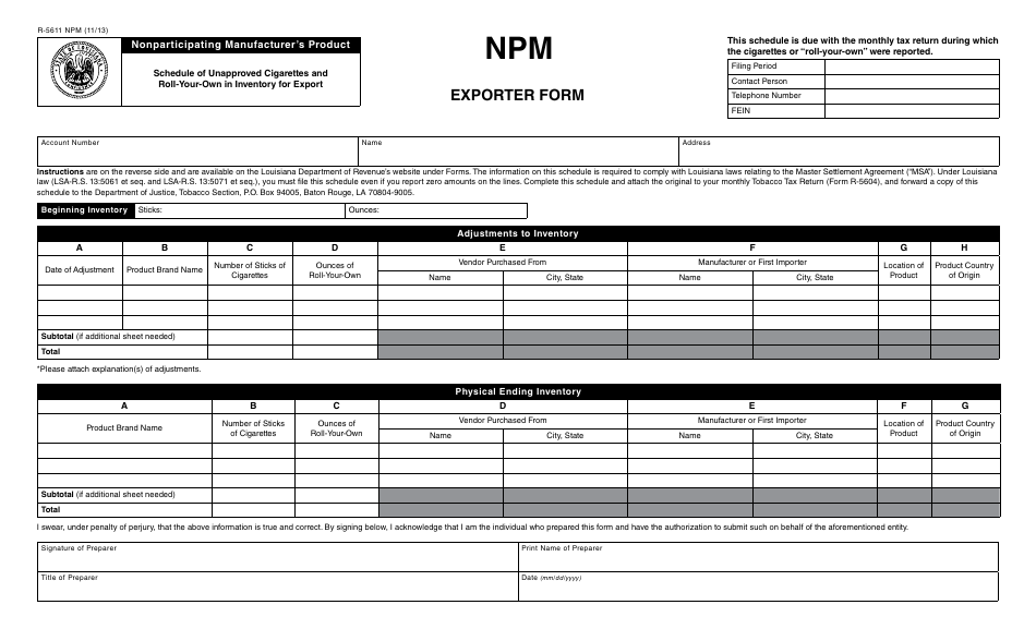 Form R-5611 NPM Nonparticipating Manufacturers Product - Schedule of Unapproved Cigarettes and Roll-Your-Own in Inventory for Export - Louisiana, Page 1