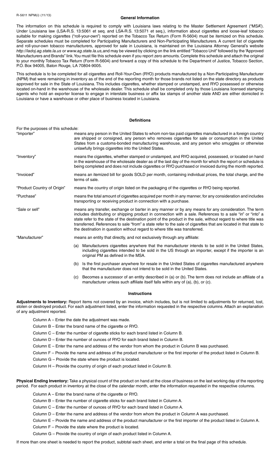 Form R-5611 NPM Nonparticipating Manufacturers Product - Schedule of Unapproved Cigarettes and Roll-Your-Own in Inventory for Export - Louisiana, Page 2
