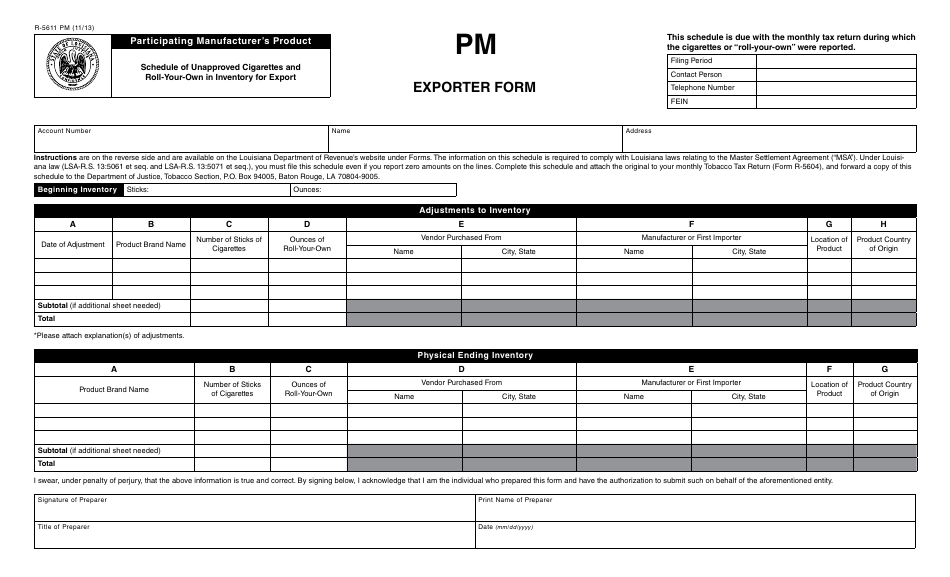 Form R-5611 PM Participating Manufacturers Product - Schedule of Unapproved Cigarettes and Roll-Your-Own in Inventory for Export - Louisiana, Page 1