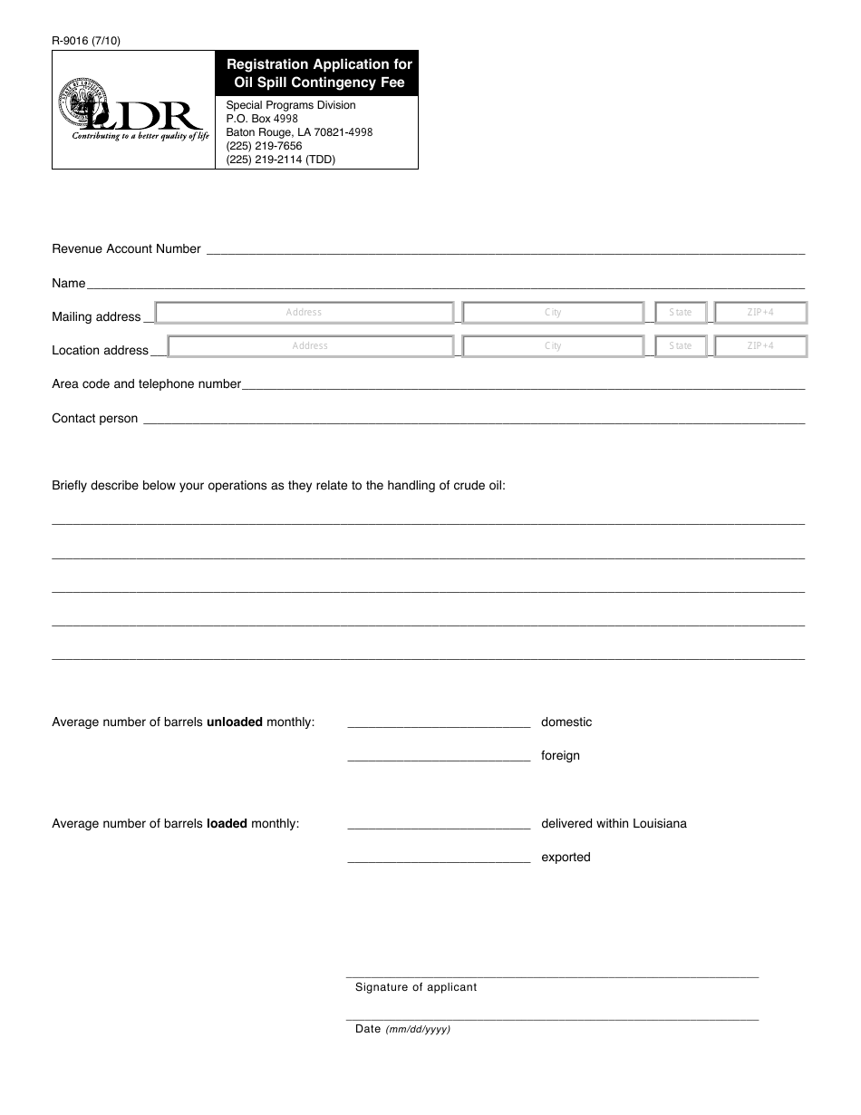 Form R-9016 Registration Application for Oil Spill Contingency Fee - Louisiana, Page 1