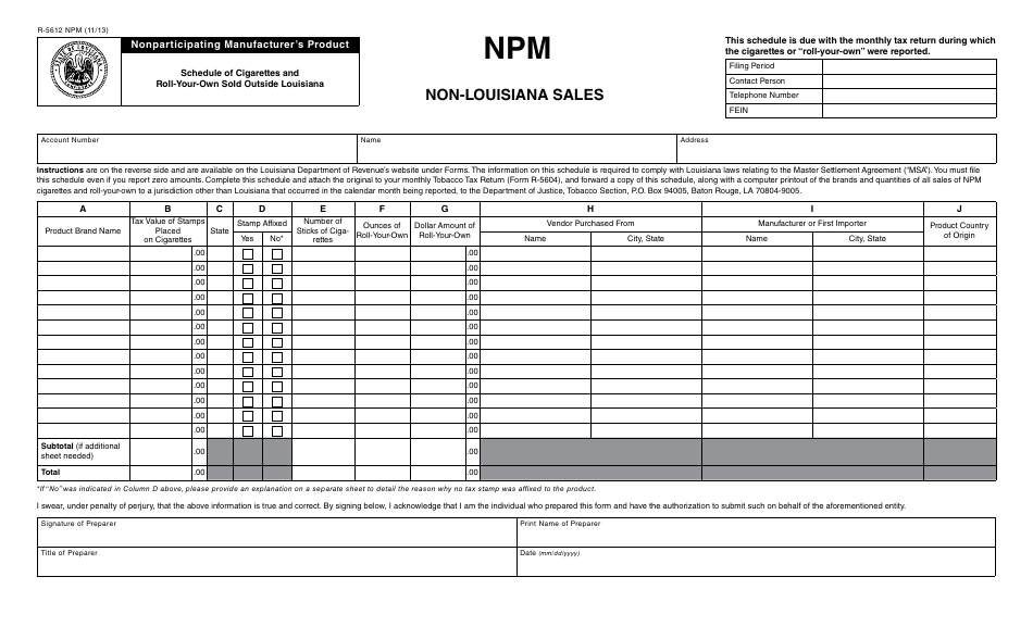 Form R-5612 NPM Nonparticipating Manufacturers Product - Schedule of Cigarettes and Roll-Your-Own Sold Outside Louisiana - Non-louisiana Sales - Louisiana, Page 1