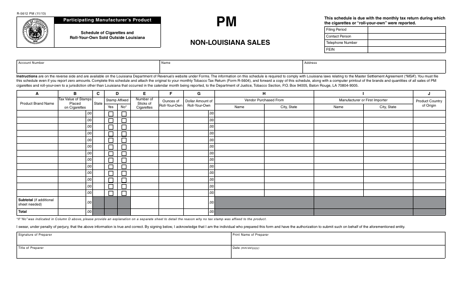 Form R-5612 PM Participating Manufacturers Product - Schedule of Cigarettes and Roll-Your-Own Sold Outside Louisiana - Non-louisiana Sales (Pm) - Louisiana, Page 1