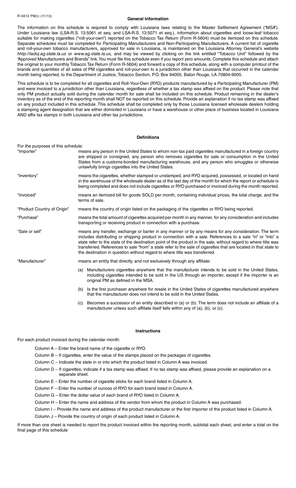 Form R-5612 PM Participating Manufacturers Product - Schedule of Cigarettes and Roll-Your-Own Sold Outside Louisiana - Non-louisiana Sales (Pm) - Louisiana, Page 2