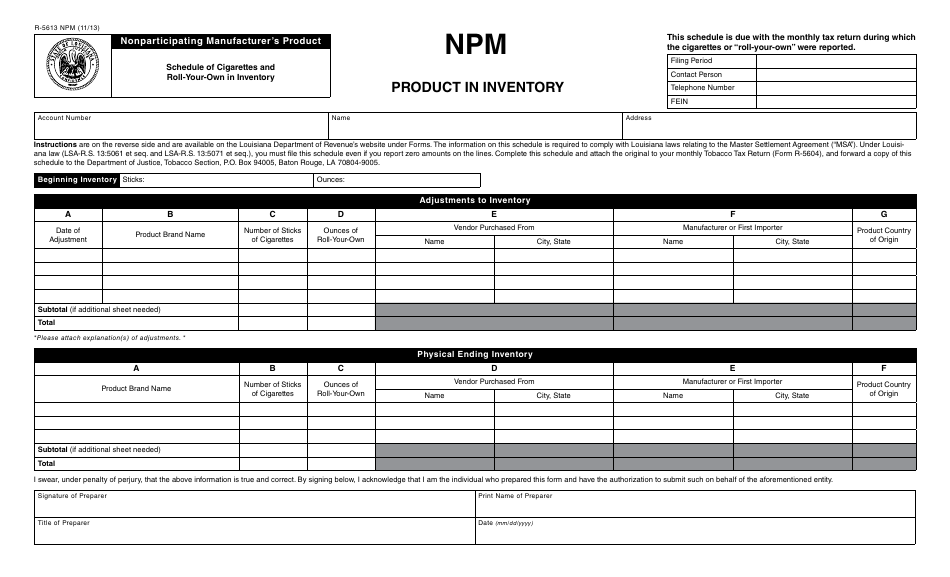 Form R-5613 NPM Nonparticipating Manufacturers Product - Schedule of Cigarettes and Roll-Your-Own in Inventory - Louisiana, Page 1