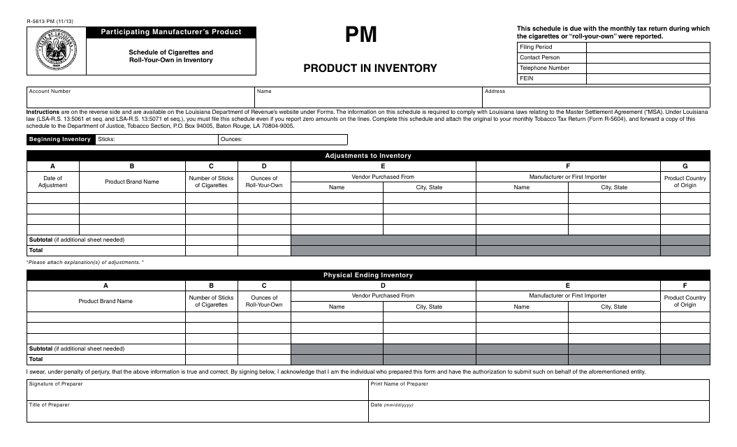 Form R-5613 PM Participating Manufacturer's Product - Schedule of Cigarettes and Roll-Your-Own in Inventory - Product in Inventory (Pm) - Louisiana