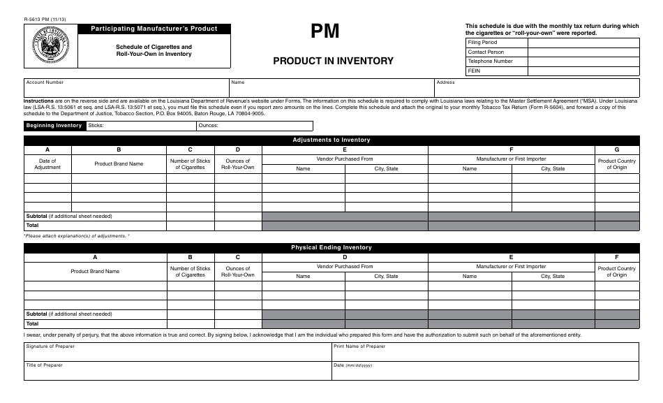 Form R-5613 PM Participating Manufacturers Product - Schedule of Cigarettes and Roll-Your-Own in Inventory - Product in Inventory (Pm) - Louisiana, Page 1