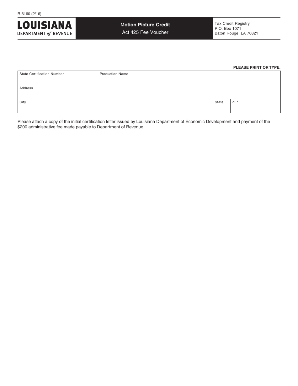 Form R-6160 Motion Picture Credit - Act 425 Fee Voucher - Louisiana, Page 1