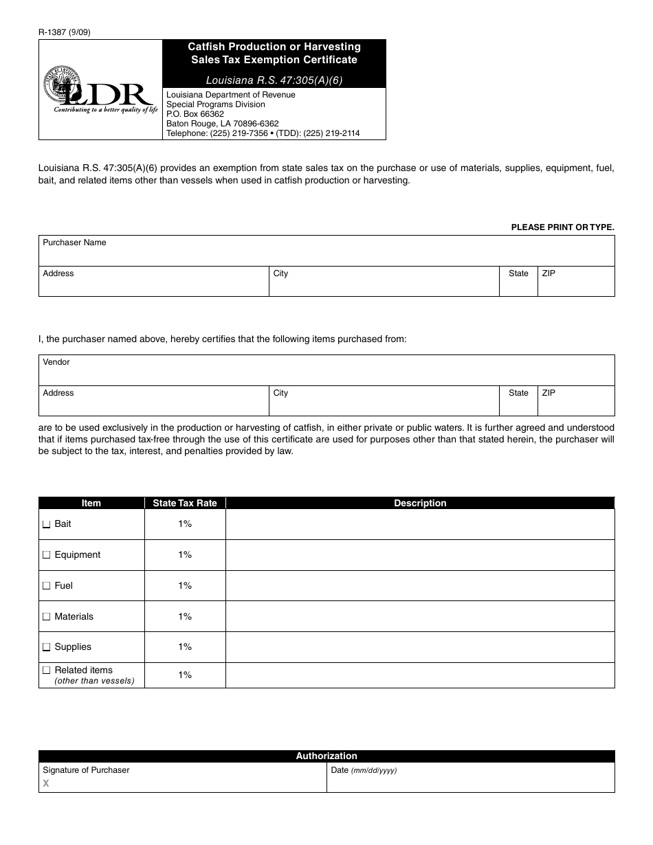Form R-1387 Catfish Production or Harvesting Sales Tax Exemption Certificate - Louisiana, Page 1
