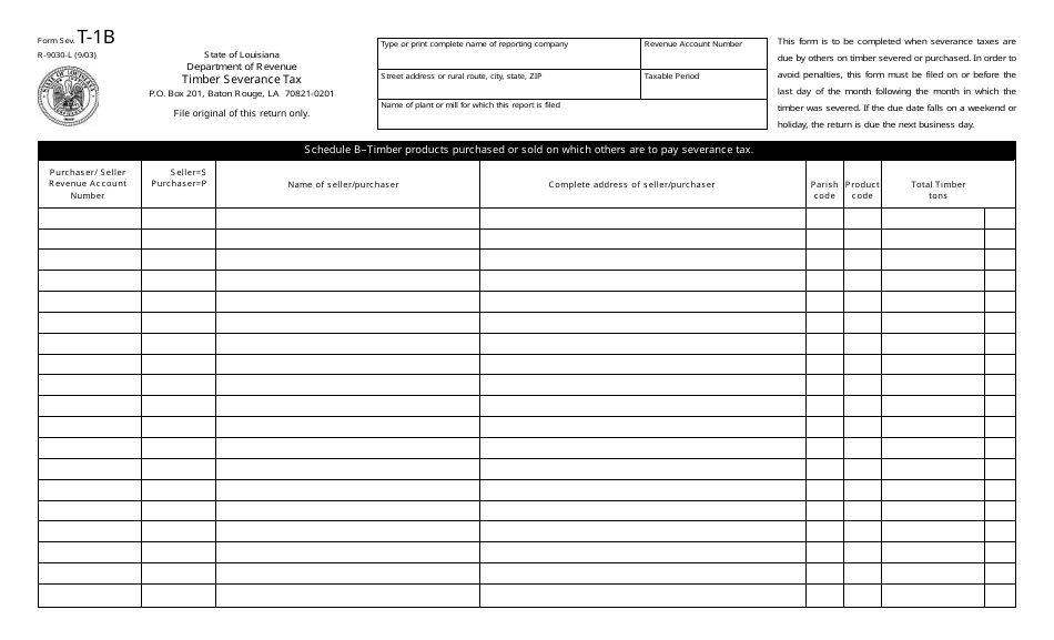 Form R-9030-L (SEV. T-1B) Timber Severance Tax - Louisiana, Page 1