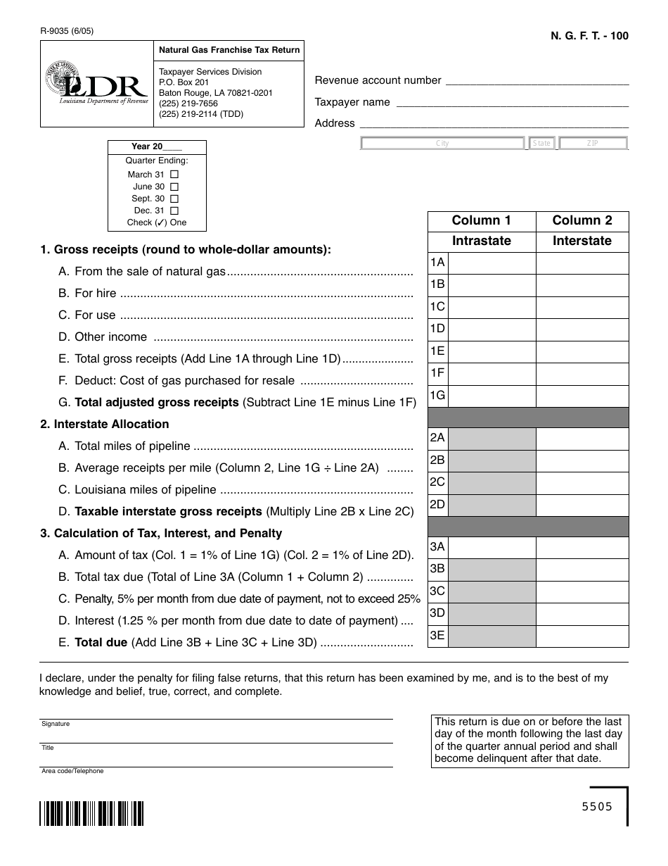 Form R-9035 (N.G.F.T.-100) Natural Gas Franchise Tax Return - Louisiana, Page 1