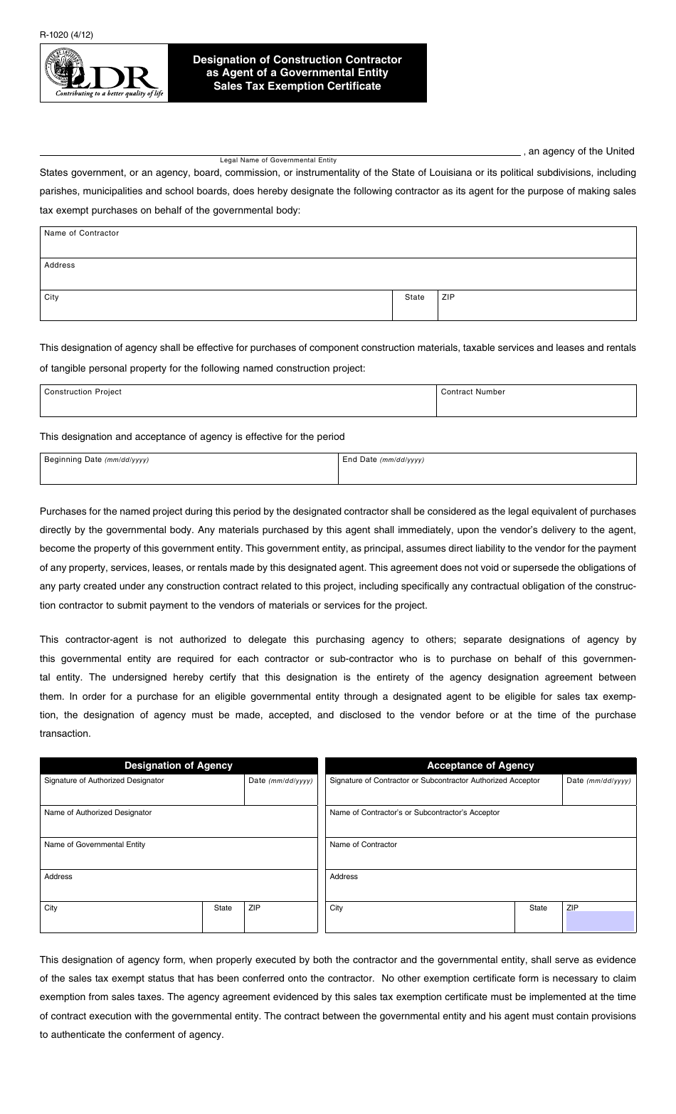 Form R-1020 Designation of Construction Contractor as Agent of a Governmental Entity Sales Tax Exemption Certificate - Louisiana, Page 1