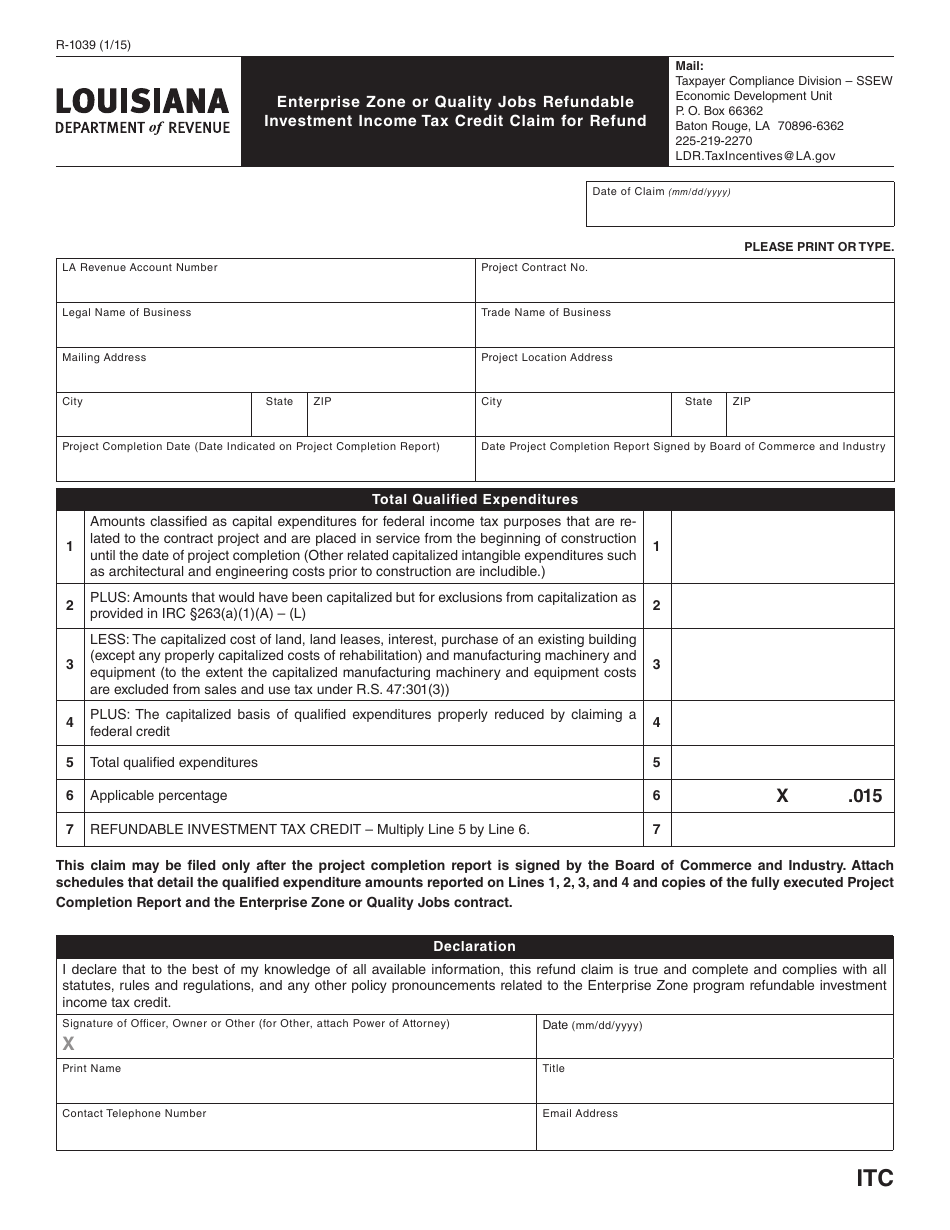 Form R-1039 Enterprise Zone or Quality Jobs Refundable Investment Income Tax Credit Claim for Refund - Louisiana, Page 1