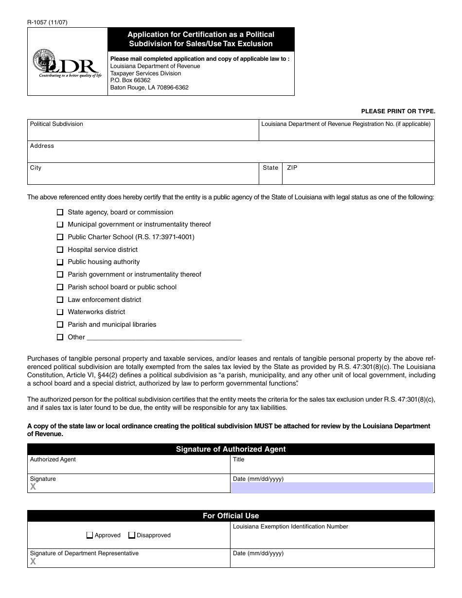 Form R-1057 Application for Certification as a Political Subdivision for Sales / Use Tax Exclusion - Louisiana, Page 1