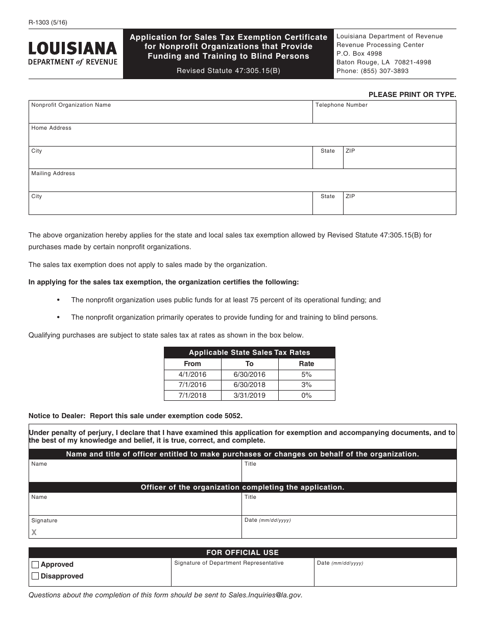 Form R-1303 Application for Sales Tax Exemption Certificate for Nonprofit Organizations That Provide Funding and Training to Blind Persons - Louisiana, Page 1