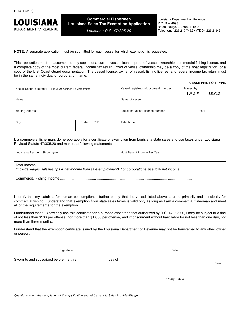 Form R-1334 Commercial Fishermen Louisiana Sales Tax Exemption Application - Louisiana, Page 1