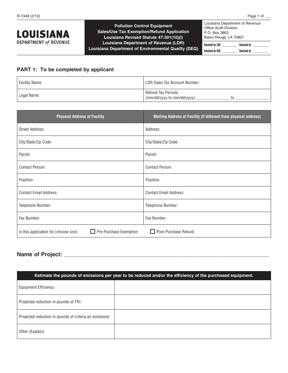 Form R-1349 Pollution Control Equipment Sales / Use Tax Exemption / Refund Application - Louisiana, Page 1