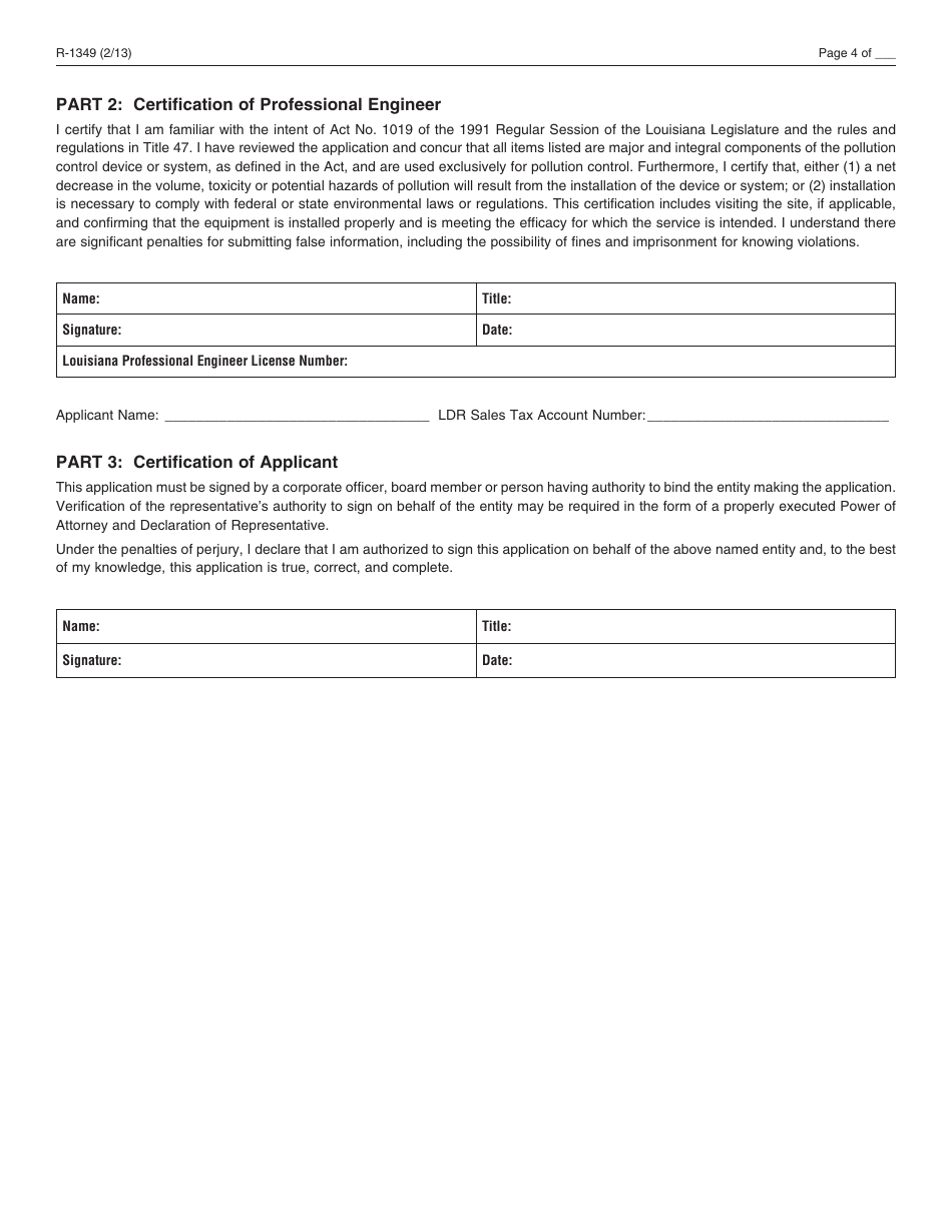 Form R-1349 Pollution Control Equipment Sales / Use Tax Exemption / Refund Application - Louisiana, Page 4