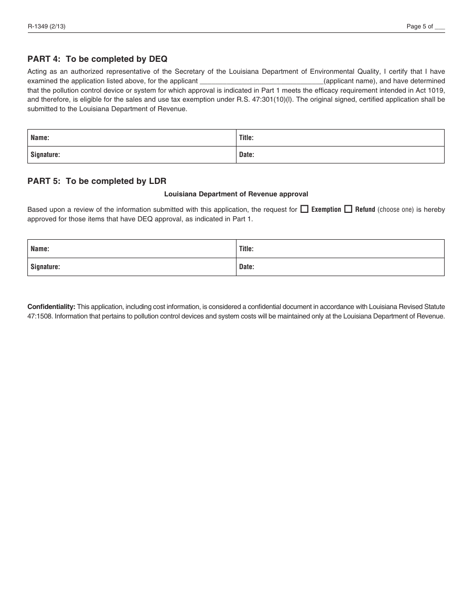 Form R-1349 Pollution Control Equipment Sales / Use Tax Exemption / Refund Application - Louisiana, Page 5