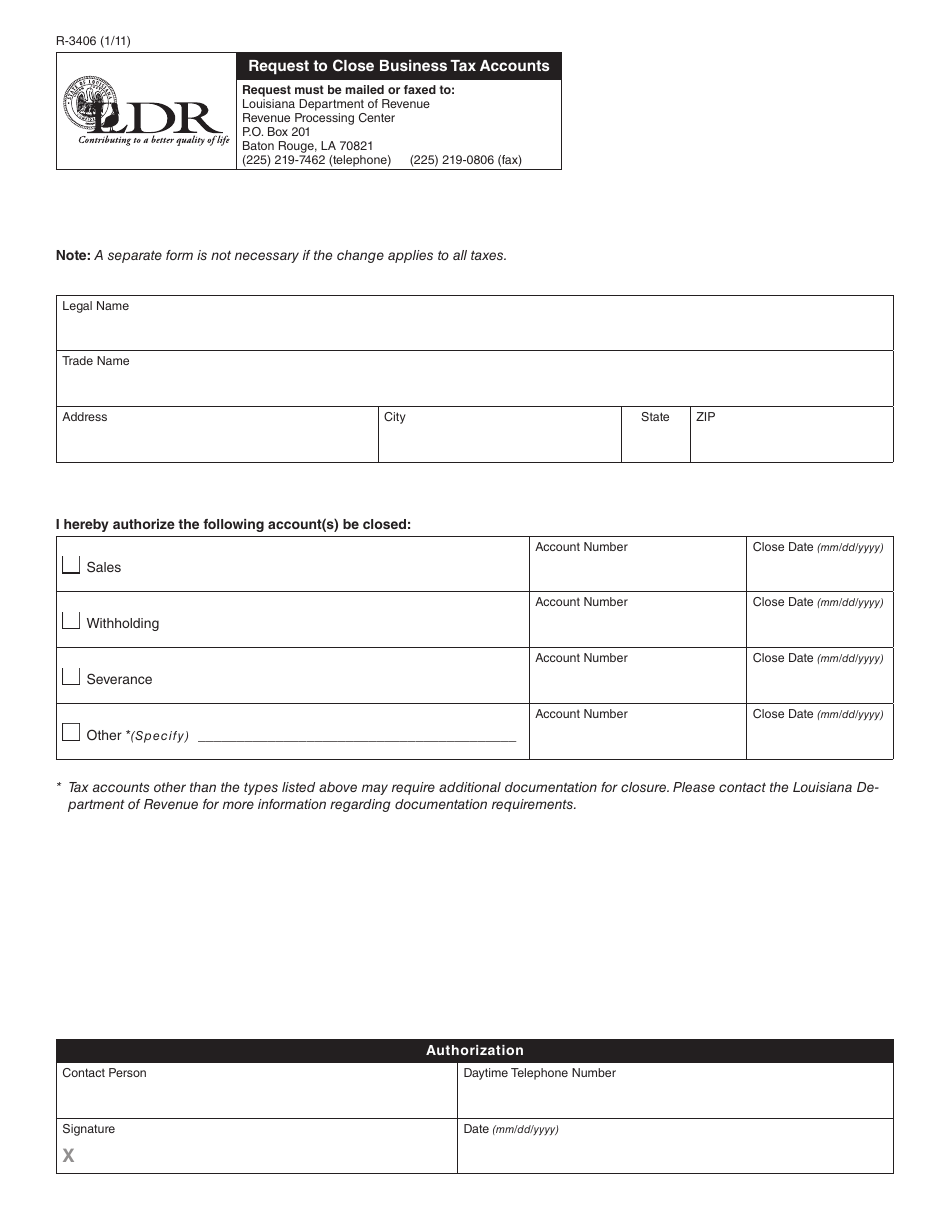 Form R-3406 Request to Close Business Tax Accounts - Louisiana, Page 1