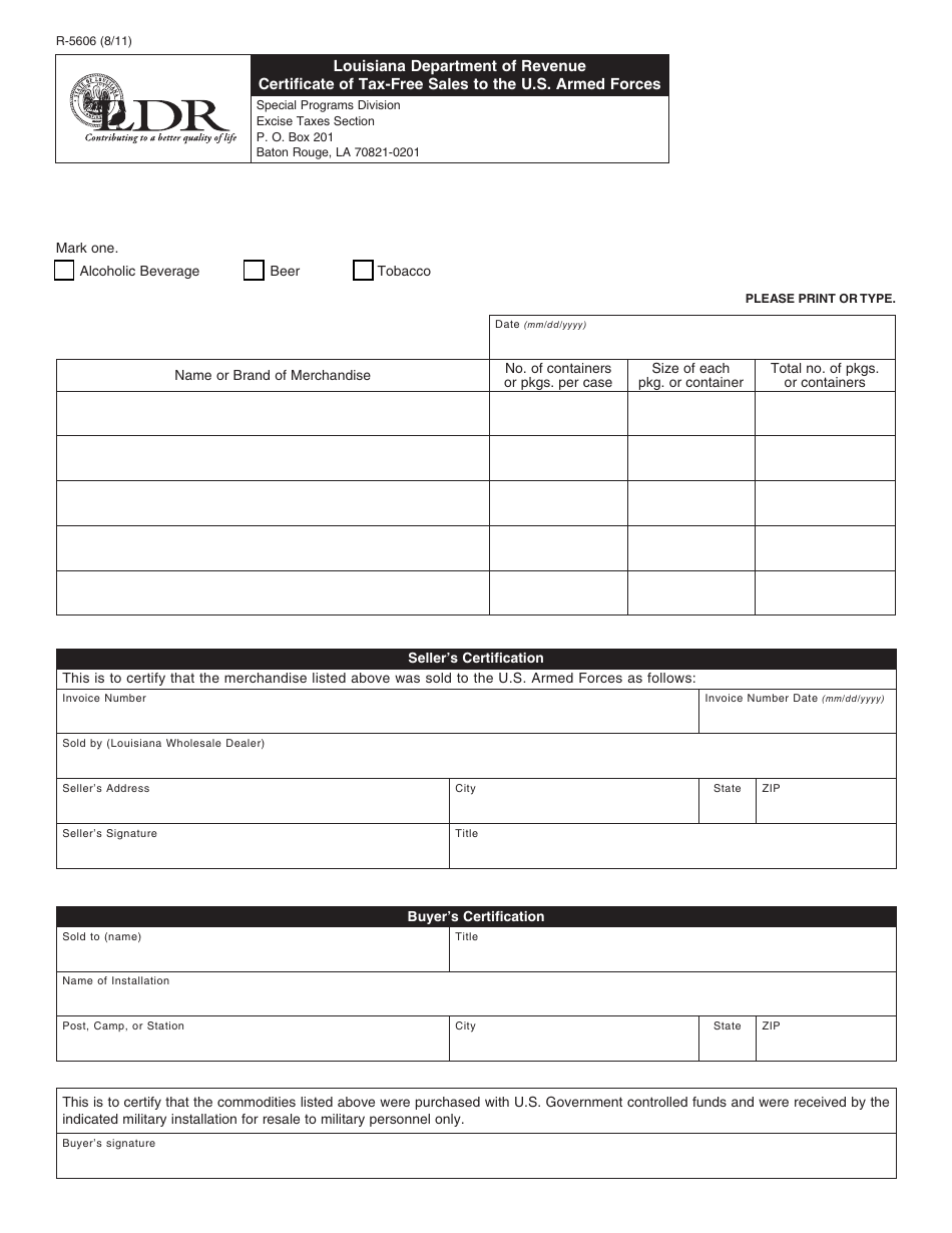 Form R-5606 Certificate of Tax-Free Sales to the U.S. Armed Forces - Louisiana, Page 1