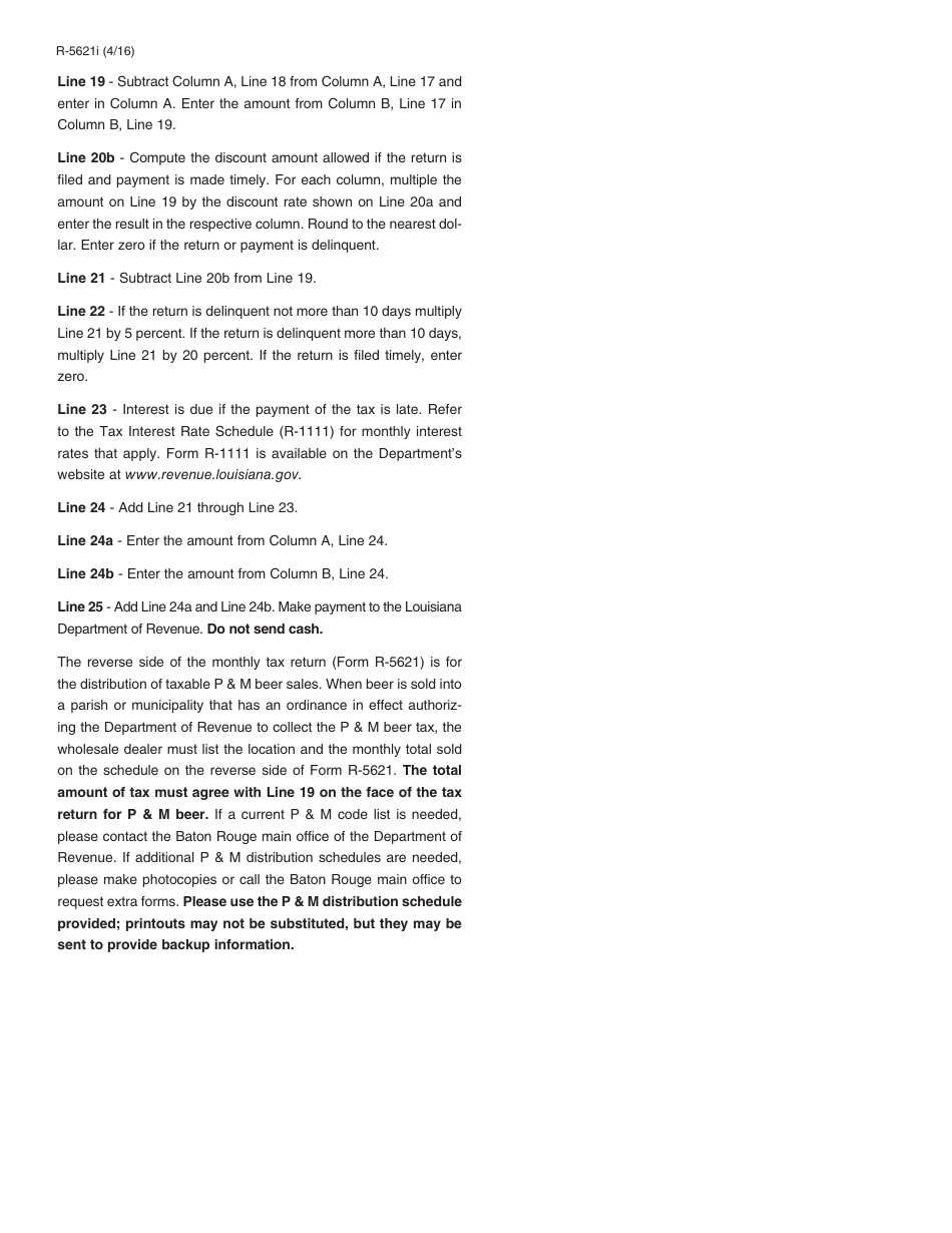 Instructions for Form R-5621 State and Parish and Municipal Beer Tax Return - Louisiana, Page 2