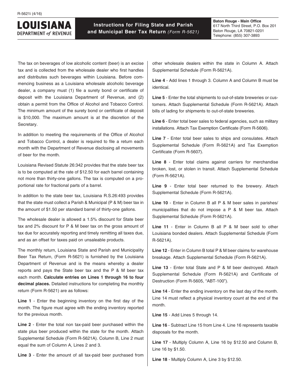 Download Instructions for Form R5621 State and Parish and Municipal
