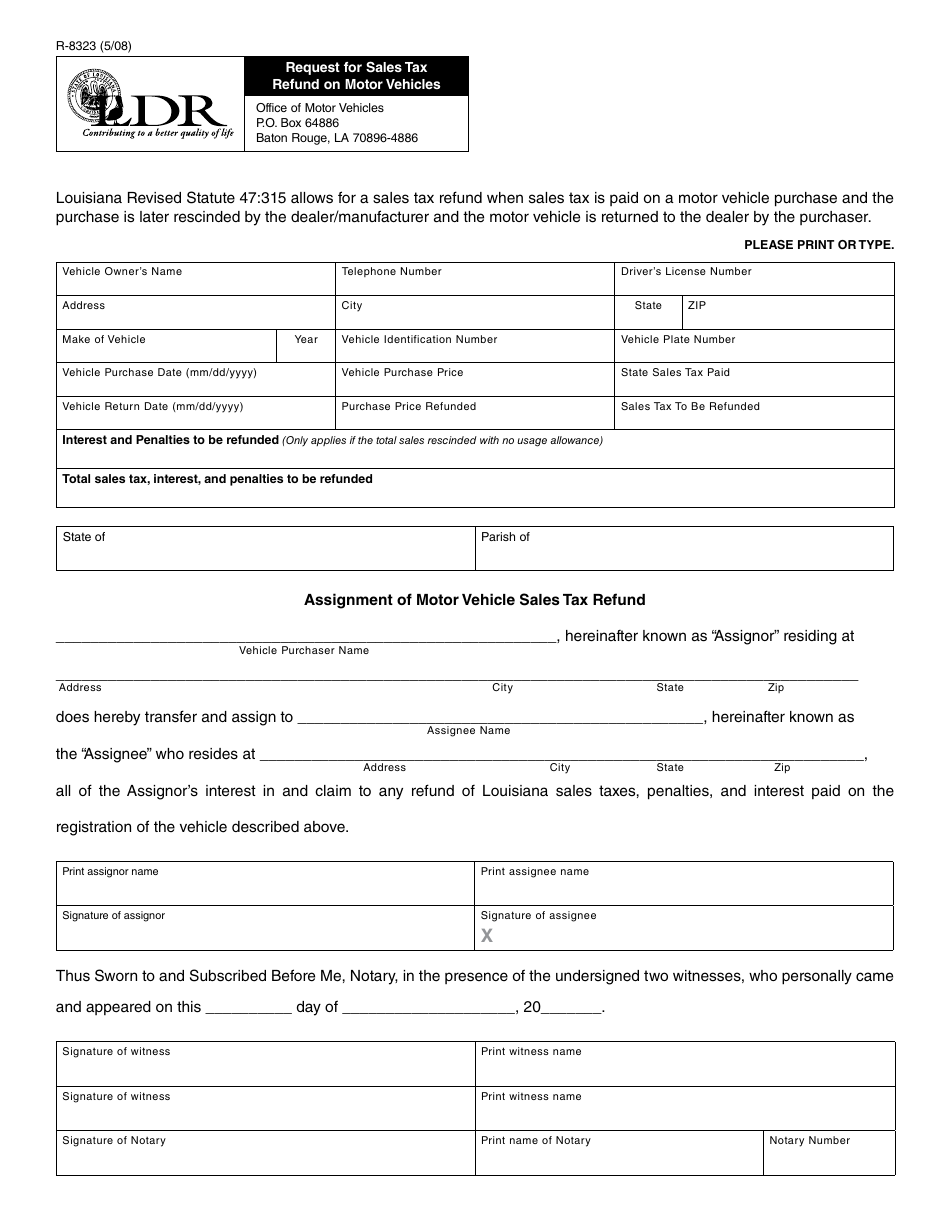 Form R-8323 Request for Sales Tax Refund on Motor Vehicles - Louisiana, Page 1