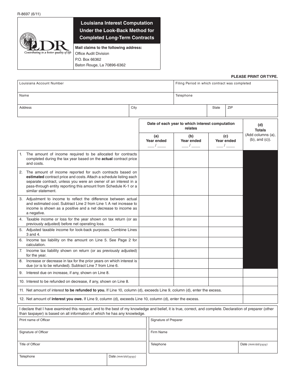 Form R-8697 Louisiana Interest Computation Under the Look-Back Method for Completed Long-Term Contracts - Louisiana, Page 1