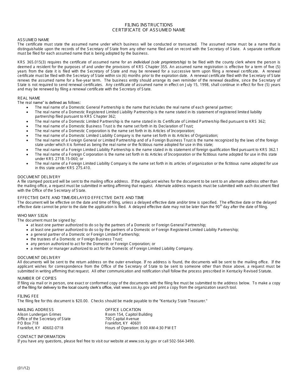 Certificate of Assumed Name (Domestic or Foreign Business Entity) - Kentucky, Page 2