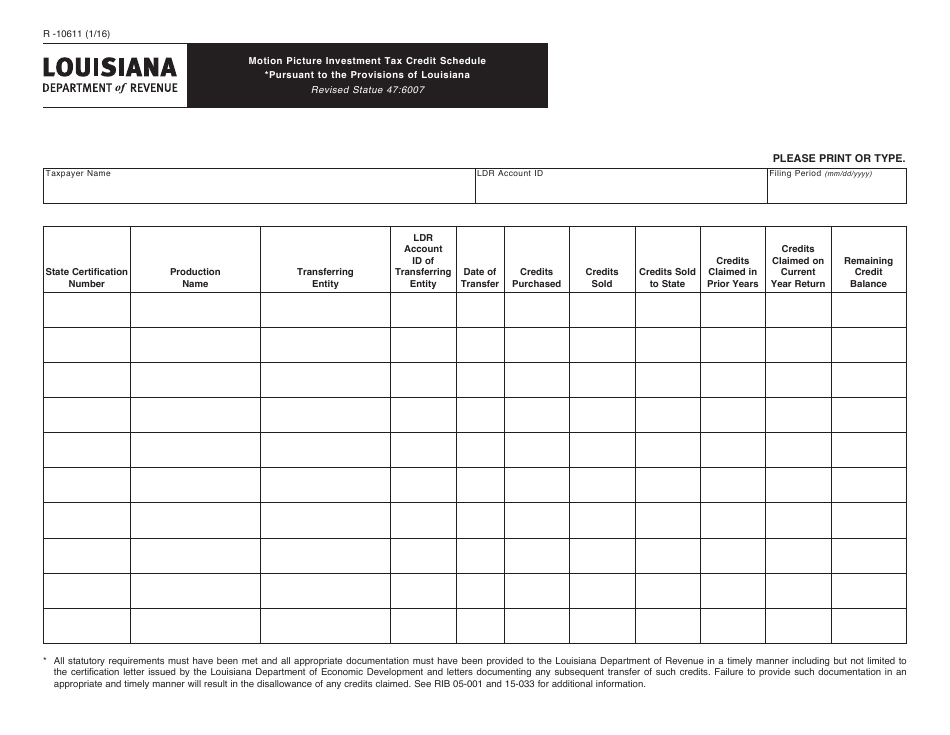 Form R-10611 Motion Picture Investment Tax Credit Schedule - Louisiana, Page 1