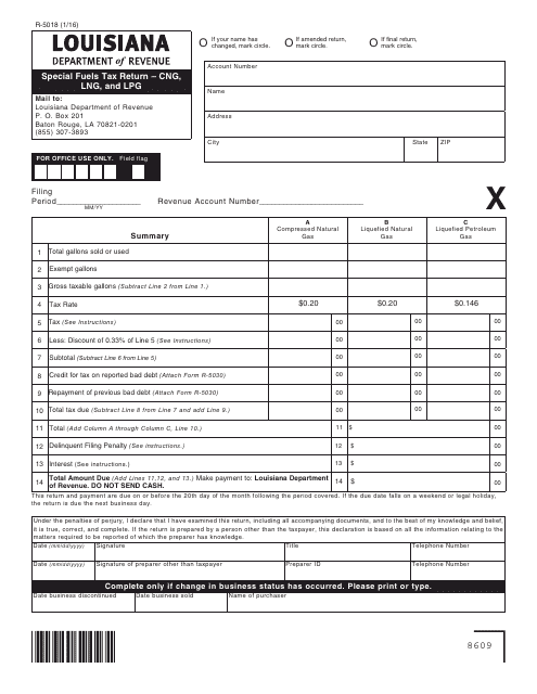 Form R-5018 Special Fuels Tax Return - Cng, Lng, and Lpg - Louisiana