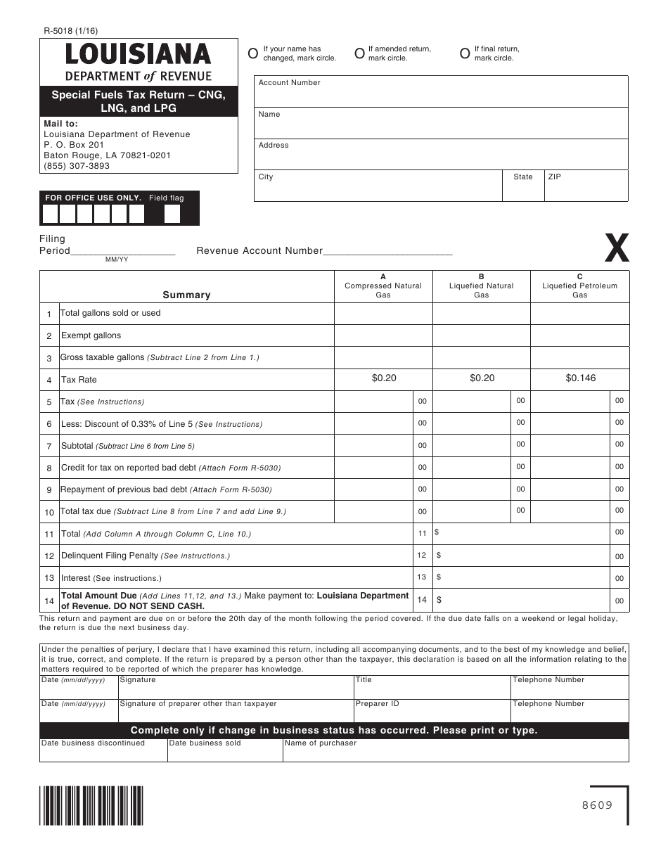Form R-5018 Special Fuels Tax Return - Cng, Lng, and Lpg - Louisiana, Page 1