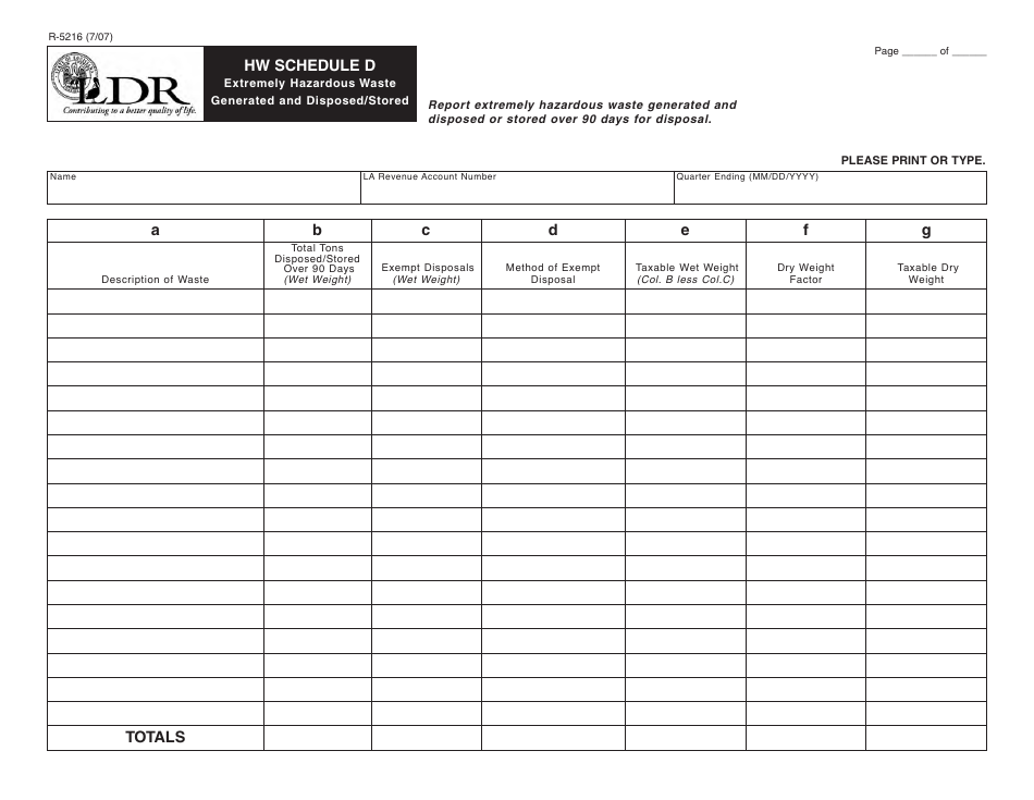 Form R-5216 Schedule D Extremely Hazardous Waste Generated and Disposed / Stored - Louisiana, Page 1