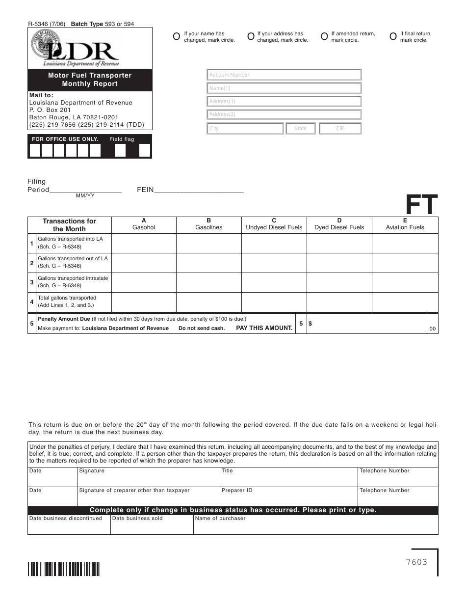 Form R-5346 Motor Fuel Transporter Monthly Report - Louisiana, Page 1