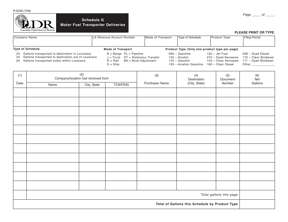 Form R-5348 Schedule G Motor Fuel Transporter Deliveries - Louisiana, Page 1