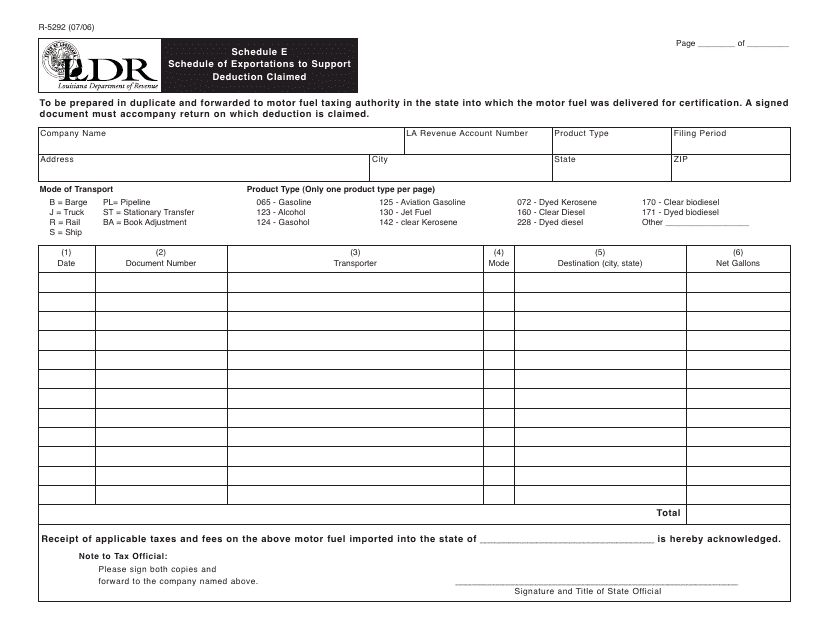 Form R-5292 Schedule E Schedule of Exportations to Support Deduction Claimed - Louisiana